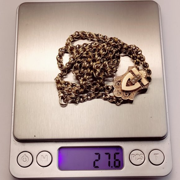 Solid 14k Victorian Seed Pearl Enamel Slide Pendant 30" Handmade Chain Necklace - Picture 9 of 9